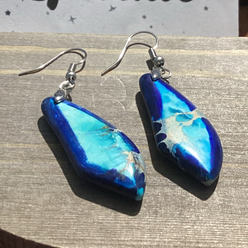 💙Blue Jasper Stone Curvy Geometric Drop French Hook Earrings …